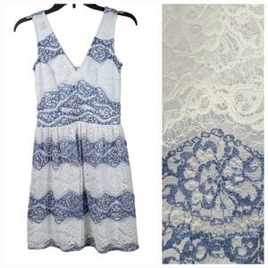 Charlotte Russe Chevron Lace Blue White Striped Sleeveless V-Neck Skater Dress